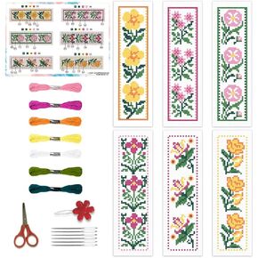 BEUNITONE Cross Stitch Bookmark Kit 6 Pcs Flower DIY Bookmarks Cross Stitch Kits for Adults Beginners with Instructions Cute Pre-Sorted Floss Cross-Stitch Stamped Embroidery Kit for Gifts 8''x2.4''