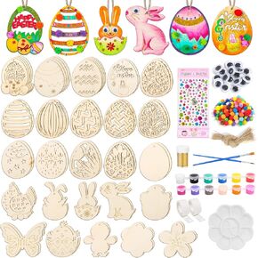56SET EASTER الحلي الخشبية مع أحجار طلاء بودرة الذهب Pompoms ، 25 شكلًا من أشكال عيد الفصح ديكور خشب Bunny Diy Easter Crafts لحلي عيد الفصح لمشروع فن النشاط الفصول الدراسية للحفلات