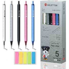 Gel Pens with Ruler Scales Barrel, 5 Pcs 0.5mm Retractable Fine Point Pens for Precise Writing and Drawing, Quick-Dry Ink, Ideal for Office and School Supplies, Free Sticky Notes