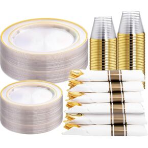 WELLIFE 350 Pieces Gold Plastic Plates - Disposable Silverware and Cups, Include: 50 Dinner Plates 10.25", 50 Dessert Plates 7.5", 50 Gold Rim Cups 9 OZ, 50 Gold Cutlery for Party