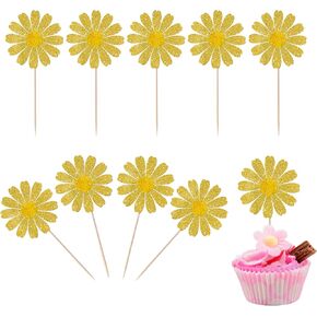 RSSTARXI 24 Pack White Daisy Cupcake Toppers Glitter عباد الشمس الربيع