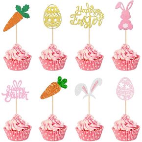 24pcs Easter Bunny Ear Cupcake Toppers ، Happy Easter Cupcake Decoritions ، Glitter Rabbit Ear Cake Topper for Easter's Thief's Birthdy Baby Shower Supplies