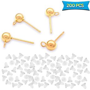 100pcs كرة ما بعد القرط في صنع المجوهرات ، وظائف قرط الكرة الدائرية مع دبابيس الأذن hypoallergenic حلقة و 100 ٪ ظهور أذن واضحة لنتائج المجوهرات DIY صنع مجموعة (KC الذهب)
