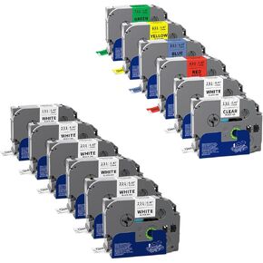 12 pack Tze 12mm 0.47 LALANGING MULTI CONER متوافق مع Brother p Touch Label Tape Tze-231 131 431 531 631 ، حبر أسود على شفاف/أبيض/أحمر/أزرق/أصفر/أخضر