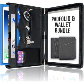 STYLIO Zippered Padfolio Binder (Black) and Slim Leather Wallet (Black) Bundle. Perfect for Documents, iPad/Tablet, Notepad, Business Cards, Credit Cards, ID Cards and Bills. Great Gift Bundle.