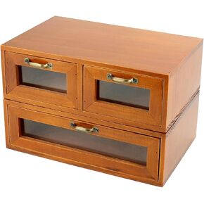 Qwork Wooden Box Organizer ، خزانة تخزين سطح المكتب الخشبية مع 3 أدراج ، بني داكن