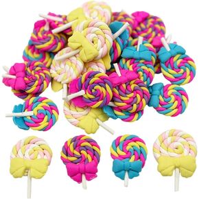 30pcs Resin Lollipop Fake Candy Charms, Polymer Clay Candy Canes Kawaii Slime Charms Lollipops, Sweets Embellishments for DIY Crafts and Easter Scrapbooking (Pastel-30pcs)