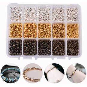 PH PandaHall 2340pcs 5 Size Smooth Round Metal Beads Golden Silver Tiny Spacer Round Beads Seamless Loose Ball Beads for Summer Hawaii Stackable Necklace, Bracelet, Earring Making 2.4/3/4/5/6mm