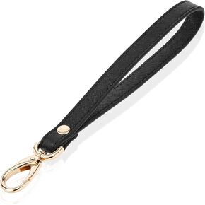 1pcs Wristlet Strap, Black Genuine Leather Wristlet Keychain, Leather Cellphone Key Lanyard with Golden Lock, Hand Rope Strap Replacement for Wallet Purse Clutch, Cellphone Wristlets Key