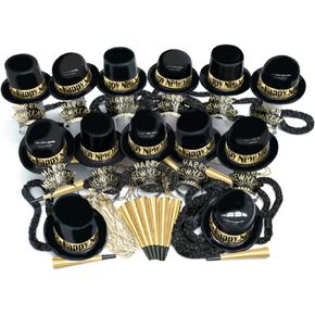 Crown Display Display New Year Eve Party Supplies 2025 I 250 PCS I Black and Gold Top Hats Tiaras Bead Netclace Noised Makers I 2025 New Year Decorations Happy New Year Decorations