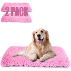 Machine Washable Dog Bed, Deluxe Plush Dog Crate Pad and Cat Bed, Anti-Slip Bottom Kennel Pad Mat, Fuzzy Pet Beds for Large, Medium, Small Dogs Breeds (Pink, 24.0" L x 18.0" W x 3.0" Th x 2 Pack)