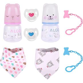 Babeside Baby Baby Doll Bottles مع المرايل ، والمصاعد ، وسلسلة مقاطع مصاصة - مجموعة تغذية لطيفة للدمى التي تولد من جديد ، 8 أجزاء