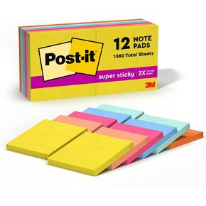 Post-it Super Sticky Notes, 12 Sticky Note Pads, 3 x 3 in., School Supplies, Office Products, Sticky Notes for Vertical Surfaces, Monitors, Walls and Windows, Summer Joy Collection