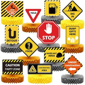 14 PCS Construction Signs Party Centerces Honeycomb Traffic Road Signs Construction Birthday Party Supplies Construction Convers