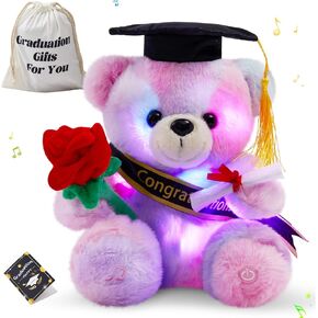 Glow Guards Graduation Bear Class of 2025,Musical Light up Rainbow Teddy Bear with Cap & Diploma,Singing Stuffed Animal Holding Rose,Grad Bear Gift for Kindergarten High School College,8.5 Inch