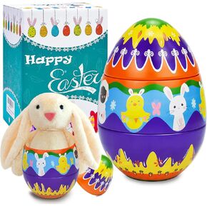 6.5 "Jumbo Prected Easter Eggs مع ألعاب ، أساسية في سلة عيد الفصح ، بيض عيد الفصح المعدني الكبير المملوء بالحيوانات المحشوة بأرنب للأطفال ، هدايا عيد الفصح مع صندوق الهدايا