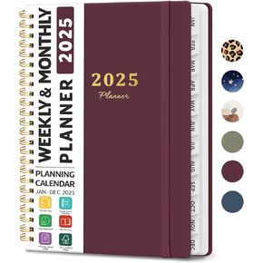 2025 Planner - Weekly and Monthly Planner, January 2025 to December 2025, Spiral Bound 2025 Calendar Planner Book, Inner Pocket, Perfect for Office Home School Supplies - A5 (6.3" x 8.5"), Wine Red