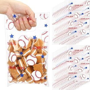 Cholemy 100 Pcs Baseball Treat Clear Snack Bags With Handles - Plastic Sport Party Candy Goodie Bags for Team Game Birthday Party Supplies Favor, 6.3 x 9.8 Inch