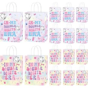 eobecy 16 pcs 10th Bithday Party Favor الأكياس ، قزحيل في أرقامي المزدوجة عصر Goodie علاج الهدايا الحلوى مع مقابض للفتيات 10 سنة أعياد الميلاد لوازم الزخارف