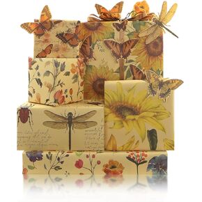 خمر الرجعية بوهو عباد الشمس الفراغية الفراغية Dragonfly الورق الورق الأزهار ورقة 6 ألواح مسطحة في 6 تصاميم 23 قدم مربع. مع شريط حريري 22 متر ، غلاف الهدايا لفصل زفاف الزفاف الصيفي عيد ميلاد عيد الأم عيد ميلاد
