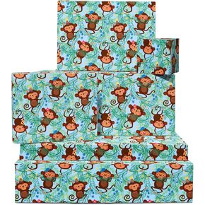CENTRAL 23 عيد ميلاد غلاف للأطفال - 6 أوراق من ANIMALL GIFTWRAP - Monkey - Safari Jungle Wilderness - للبنين والبنات - يأتي مع ملصقات ممتعة - قابلة لإعادة التدوير