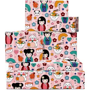 Central 23 Girls Wrapp Paper Birthday - 6 صفائح من غلاف الهدايا الوردي - شخصية يابانية لطيفة - للنساء الأصدقاء - السوشي رامين - يأتي مع ملصقات ممتعة