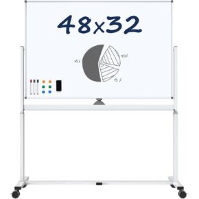 Large Dry-Erase Rolling Magnetic Whiteboard - TSJ OFFICE 48 x 32 Inches Dry Erase Board with Stand Height Adjust Double Sides Mobile White Board Easel on Wheels Office, Home & Classroom