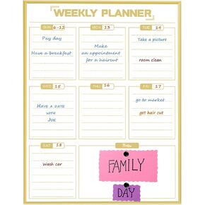 Dry Erase White Board Weekly Calendar Board, Magnetic Whiteboard for Wall, Gold Aluminum Frame Message Board, Vertical, 17“x13“, Planner Board for Office, Home, Schooll(Weekly-BB-Gold-3343-R)
