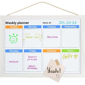 Magnetic Weekly Dry Erase White Board, White Wood Frame，Magnetic Surface Whiteboard for Home Office and Wall Decor（ZLBB-2737WH，US）