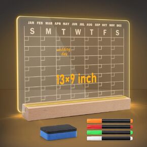 Windsepeed Acrylic Dry Erase Board With Light Up Stand, 13X9 Inch Monthly Calendar Board, Desk Calendar Includes 4 Markers and Eraser, for Halloween, Christmas Gifts