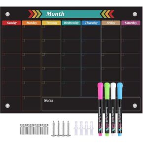 Glass Dry Erase Whiteboard, Color Monthly Calendar Whiteboard, 12" x 16",Frameless Glass White Board for Home, School, Office, Black Surface(Boli-Color-3040)
