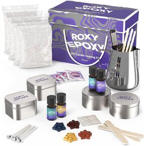 Roxy Epoxy DIY Candle Making Kit Silver - Complete Supplies Set to Make Your Own Candles - Includes 2lb Soy Wax, Candle Tins, Fragrances, Color Dyes, Melting Pot