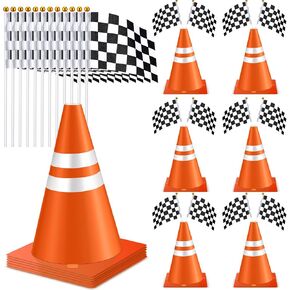 Bucherry 18 PCS مرور المخاريط والأعلام المتقلب الأعلام بالأبيض والأسود على العصي 12 في مرور الأقماع مرور سباق سيارة عيد ميلاد البناء