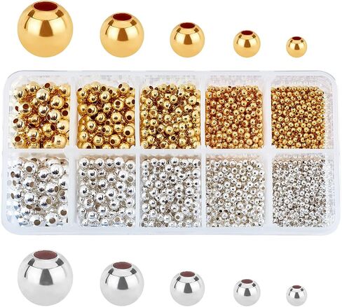 PH PandaHall 2340pcs 5 Size Smooth Round Metal Beads Golden Silver Tiny Spacer Round Beads Seamless Loose Ball Beads for Summer Hawaii Stackable Necklace, Bracelet, Earring Making 2.4/3/4/5/6mm in Saudi Arabia
