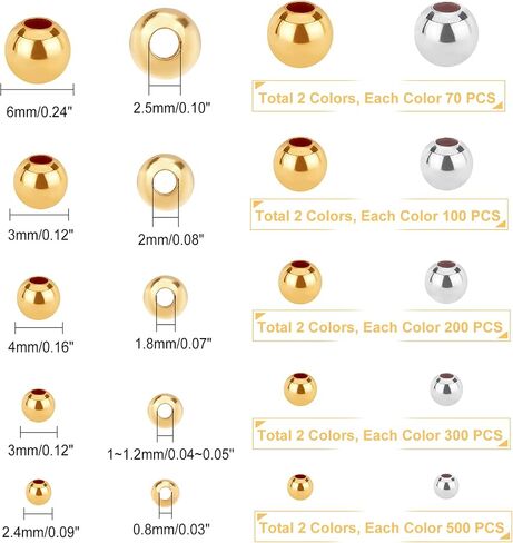 PH PandaHall 2340pcs 5 Size Smooth Round Metal Beads Golden Silver Tiny Spacer Round Beads Seamless Loose Ball Beads for Summer Hawaii Stackable Necklace, Bracelet, Earring Making 2.4/3/4/5/6mm in Saudi Arabia