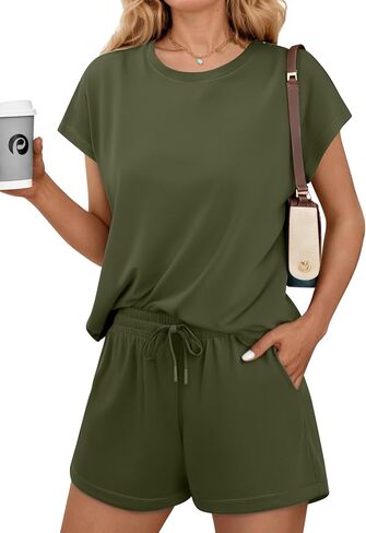 PINSPARK Two Piece Lounge Sets for Women Crewneck Sweatsuit with Pockets Drawstring Shorts Travel Outfit Summer 2025 Casual Athleisure Wear,Malachite Green X-Large in Saudi Arabia
