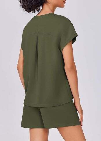 PINSPARK Two Piece Lounge Sets for Women Crewneck Sweatsuit with Pockets Drawstring Shorts Travel Outfit Summer 2025 Casual Athleisure Wear,Malachite Green X-Large in Saudi Arabia