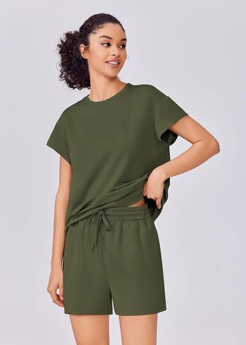 PINSPARK Two Piece Lounge Sets for Women Crewneck Sweatsuit with Pockets Drawstring Shorts Travel Outfit Summer 2025 Casual Athleisure Wear,Malachite Green X-Large in Saudi Arabia