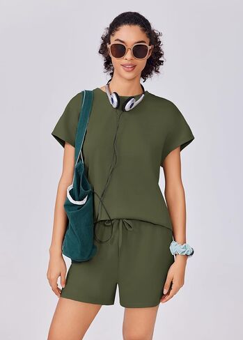 PINSPARK Two Piece Lounge Sets for Women Crewneck Sweatsuit with Pockets Drawstring Shorts Travel Outfit Summer 2025 Casual Athleisure Wear,Malachite Green X-Large in Saudi Arabia