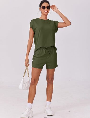 PINSPARK Two Piece Lounge Sets for Women Crewneck Sweatsuit with Pockets Drawstring Shorts Travel Outfit Summer 2025 Casual Athleisure Wear,Malachite Green X-Large in Saudi Arabia