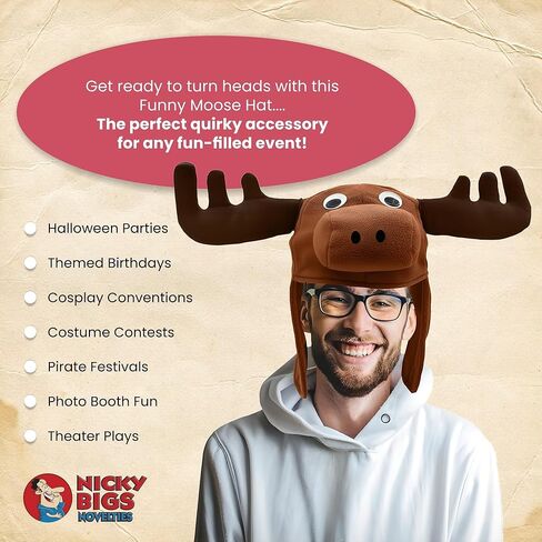 نيكي بيجز نوفيلتيز قبعة موظ بنية مضحكة للبالغين على شكل رأس قرون وعيون حيوانات، لون بني، مقاس واحد in Kuwait