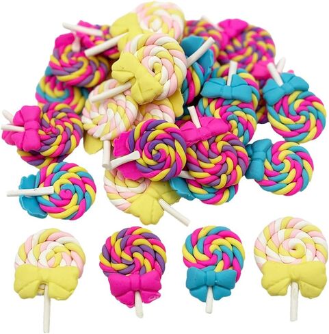 30pcs Resin Lollipop Fake Candy Charms, Polymer Clay Candy Canes Kawaii Slime Charms Lollipops, Sweets Embellishments for DIY Crafts and Easter Scrapbooking (Pastel-30pcs) in Saudi Arabia