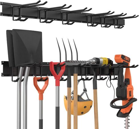 Garage Tool Storage Rack, Garage Organizer Wall Mounted Storage System with 6 Hooks, Max 300 lbs Super Heavy Duty Garden Tool Hanger Rack for Ski Gears, Chair, Broom, Mop, Rake Shovel Yard Tools in Saudi Arabia