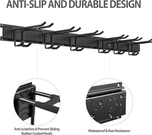 Garage Tool Storage Rack, Garage Organizer Wall Mounted Storage System with 6 Hooks, Max 300 lbs Super Heavy Duty Garden Tool Hanger Rack for Ski Gears, Chair, Broom, Mop, Rake Shovel Yard Tools in Saudi Arabia