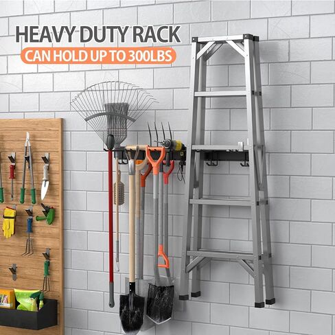 Garage Tool Storage Rack, Garage Organizer Wall Mounted Storage System with 6 Hooks, Max 300 lbs Super Heavy Duty Garden Tool Hanger Rack for Ski Gears, Chair, Broom, Mop, Rake Shovel Yard Tools in Saudi Arabia