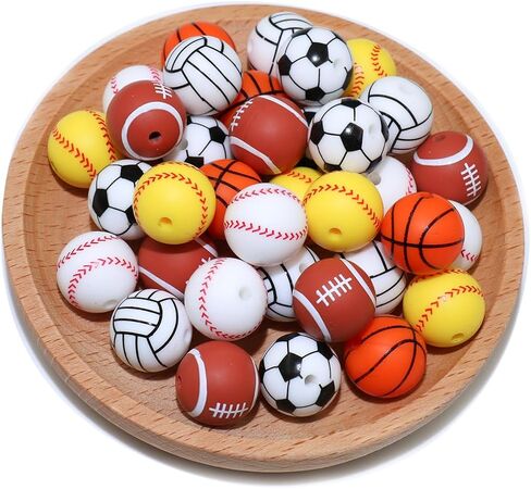 36pcs Silicone Beads for Pens Keychain Making 12mm 15mm Bulk Baseball Basketball Football Sport Focal Silicone Loose Beads Bracelet Necklace DIY Craft Jewelry Supplies in Kuwait