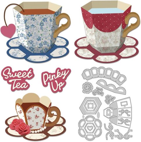 3D Tea Cup Die Cuts for Card Making, Coffee Cups Carbon Steel Cutting Dies 2025 Tableware Scrapbooking Embossing Template Dies for DIY Birthday Gift Party Greeting Paper Card Photo Album in Saudi Arabia