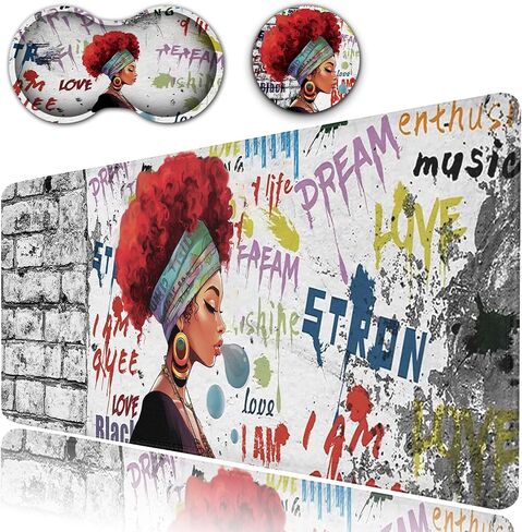 Desk Pad, Extended Large Mouse Pad with Stitched Edges (31.5X11.8In), Ergonomic Mouse Wrist Rest Support, Waterproof Computer Mouse Mat, African Black Woman Graffiti Girls XXL White Gaming Mouse Pad in Kuwait