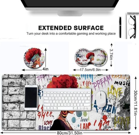 Desk Pad, Extended Large Mouse Pad with Stitched Edges (31.5X11.8In), Ergonomic Mouse Wrist Rest Support, Waterproof Computer Mouse Mat, African Black Woman Graffiti Girls XXL White Gaming Mouse Pad in Kuwait