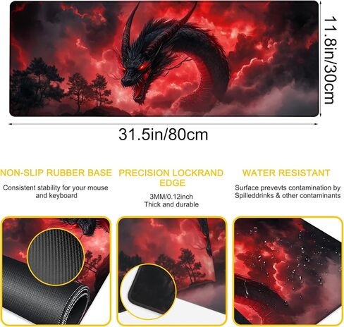 Large Mouse Pad Red Black Dragon Gaming Mousepad Desk Pad Mat for Keyboard and Mouse, Large Non-Slip Rubber Base Mousepad Desk Mat with Stitched Edges for Gaming Office, 31.5 x 11.8 in in Kuwait